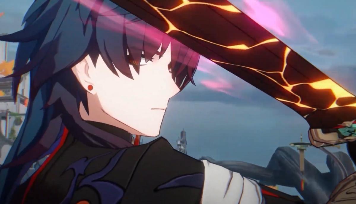 Honkai: Star Rail Blade swinging his sword while looking into the camera.
